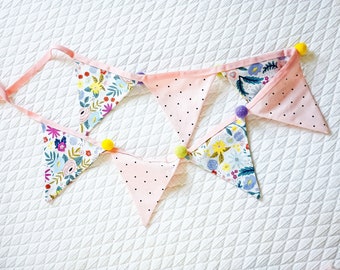 Fabric bunting garland for kids room. Pastel fabric banner, party garland. Birthday banner and party decor. Nursery and girls room decor