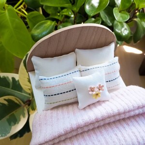 Miniature wooden bed with pink floral bedding. Dollhouse bed with pink bedding, pillows and miniature blanket-Maileg mice. Modern farmhouse image 1