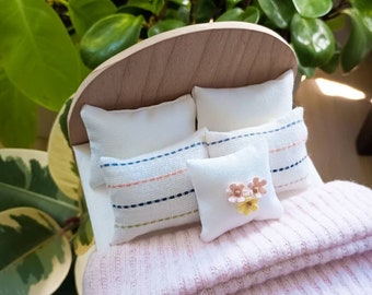 Miniature wooden bed with pink floral and stripe bedding. Dollhouse bed with pink bedding set including pillows and miniature blanket-Maileg