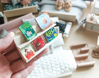 Dollhouse bookshelf for maileg Mice 1:12 scale. Miniature wooden bookcase, modern dollhouse furniture, miniature decor and accessory