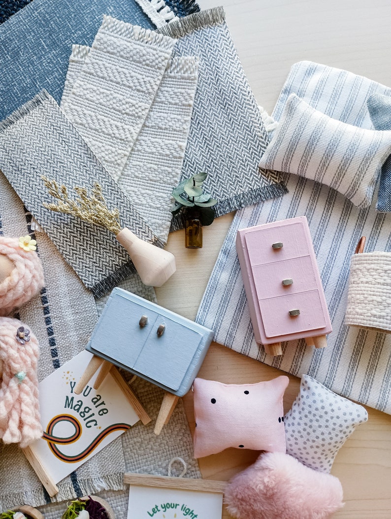 Dollhouse bedding set with miniature blanket reversible pinstripe and chambray 1:12 scale maileg mouse, image 6