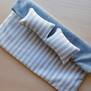 Dollhouse bedding set with miniature blanket reversible pinstripe and chambray 1:12 scale maileg mouse, image 1