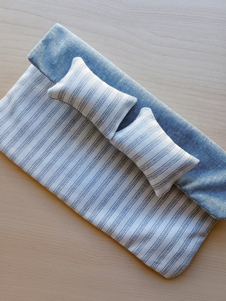 Dollhouse bedding set with miniature blanket reversible pinstripe and chambray 1:12 scale maileg mouse, image 1