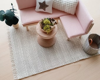 Midcentury modern miniature sofa set includes dollhouse sofa,miniature table, rug, mini plants, modern miniature basket for maileg mouse