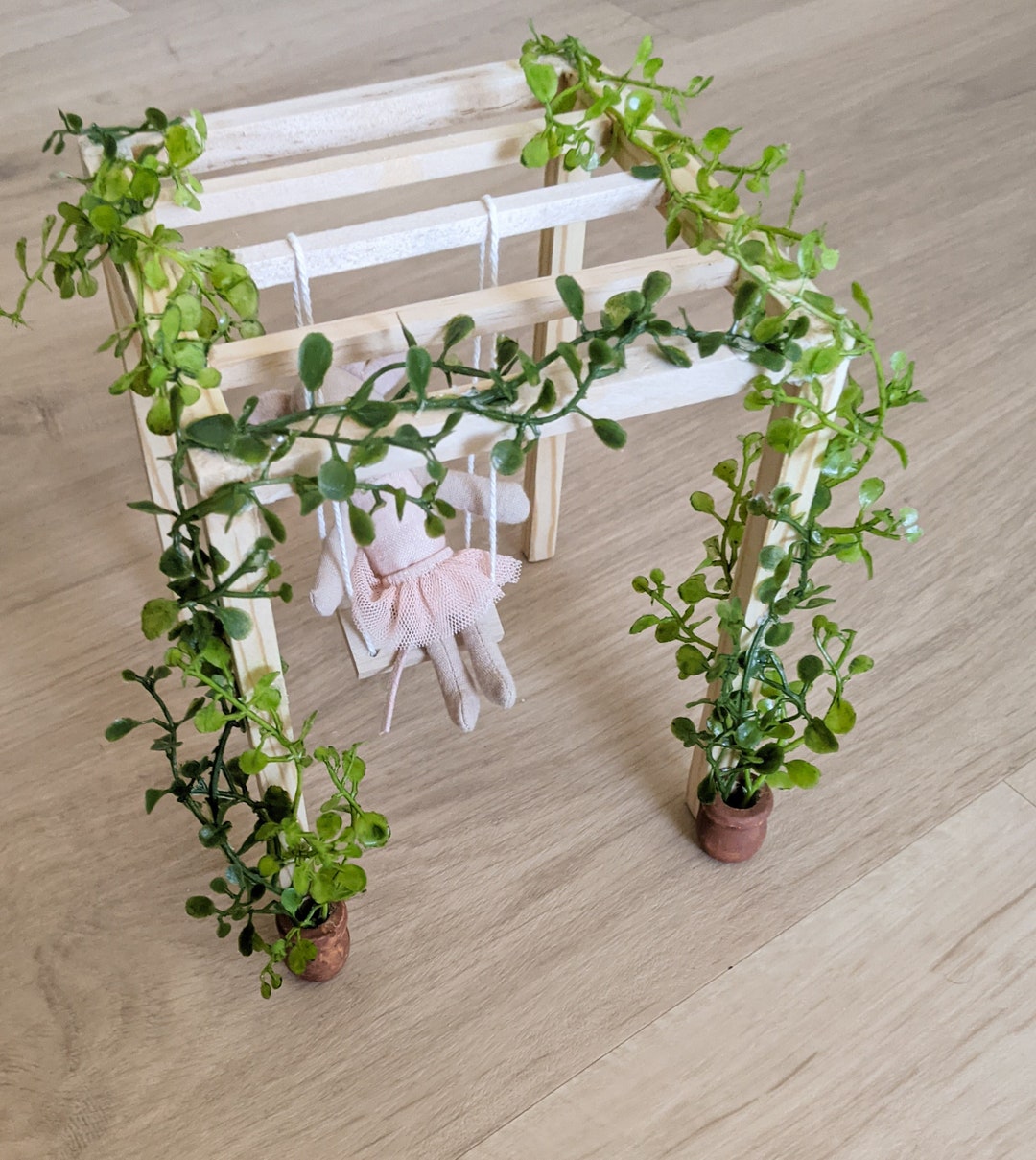 Miniature Wooden Dollhouse Swing, Dollhouse Pergola, Outdoor Dollhouse Furniture With Miniature
