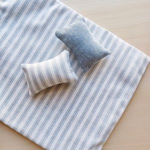 Dollhouse bedding set with miniature blanket reversible pinstripe and chambray 1:12 scale maileg mouse, image 4