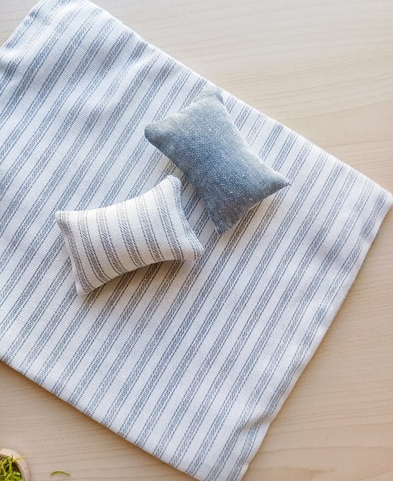 Dollhouse bedding set with miniature blanket reversible pinstripe and chambray 1:12 scale maileg mouse, image 4