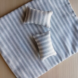 Dollhouse bedding set with miniature blanket reversible pinstripe and chambray 1:12 scale maileg mouse, image 5