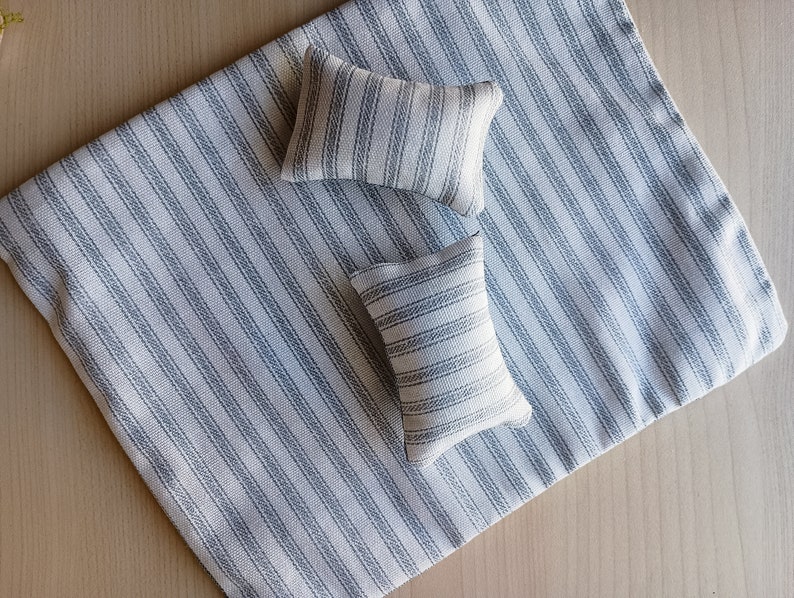 Dollhouse bedding set with miniature blanket reversible pinstripe and chambray 1:12 scale maileg mouse, image 5