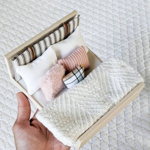 Miniature farmhouse bed for dollhouses 1:12 scale, modern miniature dollhouse bed with miniature bedding. Miniature pillow set with blanket
