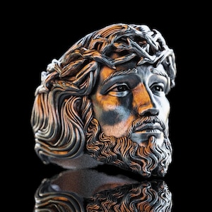 Anillo de plata con corona de espinas de Jesucristo, hecho a mano y personalizado, anillo de plata con el Salvador para hombre, anillo de plata con cabeza de Jesús en 3D, regalo personalizado para hombre.
