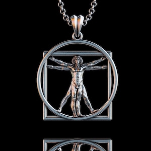 Leonardo Da Vinci’s Vitruvian Man Silver Necklace, Vitruvian Man Silver Pendant, Renaissance Man Silver Necklace, Renaissance Art Gift Men