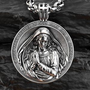 Handcrafted Silver Virgin Mary Necklace, Sterling Silver Holy Mother Mary Necklace, Catholic Silver Protecting Charm, Catholic Jewelry