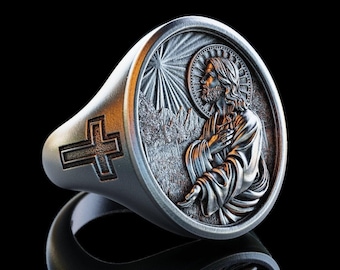 Personalized Jesus Christ Silver Ring, Mens Religious Christian Jewelry, Christian Accessory, Savior Jesus Signet Ring, Religious Men Gift