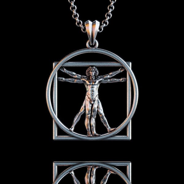 Leonardo Da Vinci’s Vitruvian Man Silver Necklace, Vitruvian Man Silver Pendant, Renaissance Man Silver Necklace, Renaissance Art Gift Men