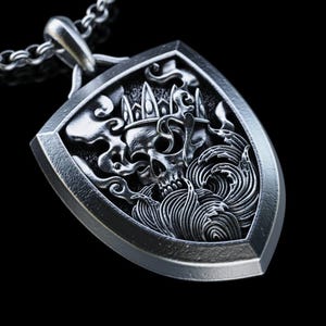 Personalized King Skull Silver Necklace, Handmade Silver Skull Shield Pendant, Skull Necklace, Anarchist Punk  Skull Pendant, Memento Mori