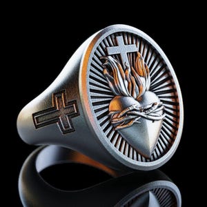 Anillo de plata personalizado del Sagrado Corazón, anillo cristiano del Sagrado Corazón, anillo de Salvador para hombre, accesorios cristianos, anillo de sello de plata para hombre, regalo para hombre