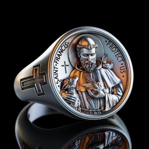 Anillo de San Francisco de plata personalizado, anillo de San Francisco hecho a mano, anillo de sello cristiano, joyería católica, regalo religioso para hombres.