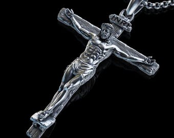 Personalized Crucifix Silver Necklace, Valentine's Day Gift, Handmade Jesus Cross Pendant, Gift for Husband, Gift for Him,Gift For Men