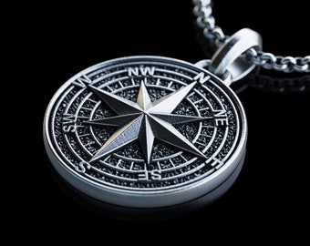 Handgefertigte Silber Kompass Halskette, personalisierte Nordstern Anhänger, Polaris Halskette, Geschenk für Segler, Weihnachtsgeschenke
