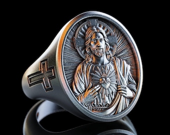 Silver Sacred Heart Of Jesus Ring, Religious Christian Jewelry, Christian Accessory, Savior Jesus Mens Signet Ring, Personalized Gift