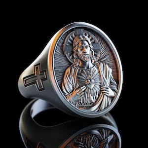 Anillo de plata del Sagrado Corazón de Jesús, joyería cristiana religiosa, accesorio cristiano, anillo de sello del Salvador Jesús para hombre, regalo personalizado