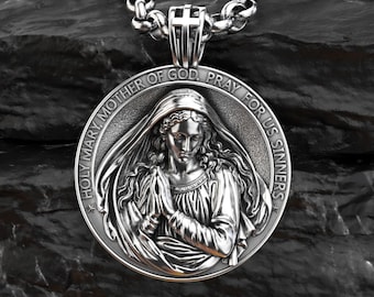 Handcrafted Silver Virgin Mary Necklace, Sterling Silver Holy Mother Mary Necklace, Catholic Silver Protecting Charm, Catholic Jewelry