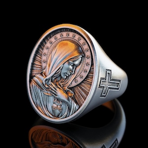 Anillo de plata personalizado del Sagrado Corazón de María, joyería cristiana religiosa, accesorio cristiano, anillo de sello del Salvador para hombre, regalo religioso para hombre.
