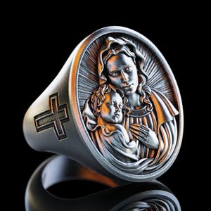 Personalized Virgin Mary and Baby Jesus Silver Ring, Handmade Silver Mary and Jesus Ring, Holy Mother with Baby Jesus Ring, Christian Gift