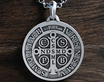 Handmade Silver Saint Benedict Medallion, Personalized Saint Benedict Necklace, Handmade St Benedict Medal, Christian Religious Silver Gift