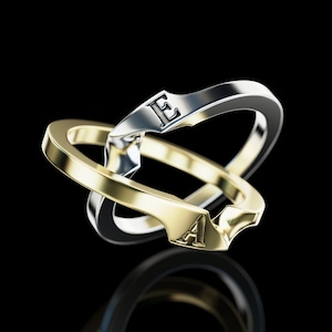 Anillo de oro con inicial personalizada, anillo de bodas de dos letras, anillo de compromiso dúplex, anillo de rompecabezas, anillo con letra personalizada, anillo de banda minimalista