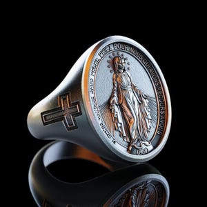 Anillo de Medalla Milagrosa de Plata Personalizado, Anillo de la Santa Madre de Plata Esterlina, Anillo de la Virgen María de Plata Hecho a Mano, Regalo Cristiano Religioso de Plata