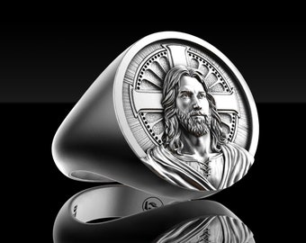 Bague Jésus en argent, chevalière Jésus, bague religieuse en argent pour homme, bijoux religieux chrétiens, bague Jésus-Christ, cadeau pour lui