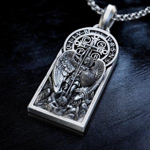 Personalized Silver Archangel Michael Necklace, Handmade St. Benedict Medal Pendant, Religious Men&#39;s Jewelry, Unique Gift for Him