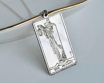 The Hermit Tarot Card Silver Necklace, Personalized Tarot Card Pendant, Tarot Deck, Tarot Jewellery,Mystic Arts, Tarotcard necklace
