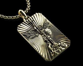 Handmade Archangel Saint Michael Necklace, Personalized Gold Archangel Pendant, St. Michael Gold Men's Pendant, Religious Gift for Men