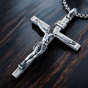 Personalized Silver Jesus Cross Necklace, Handmade Crucifix  925K Sterling Silver Necklace, Religious Memorial Gift for Men, Gift for Him