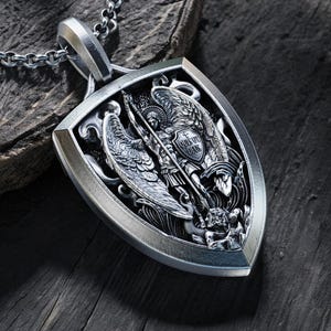 Handmade Archangel Saint Michael Necklace, Silver Shield Archangel Pendant, St. Michael Silver Mens Pendant, Religious Gift for Men