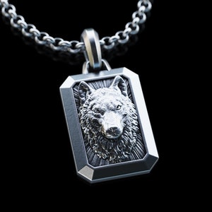 Wild Alpha Wolf Necklace, Silver Wolf Head Pendant, 3D Silver Wolf Charm, Wolf Head Relief Pendant, Engraved Wolf Men Jewellery