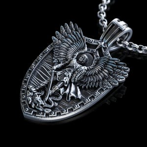 Handmade Archangel Saint Michael Necklace, Silver Shield Archangel Pendant, St. Michael Silver Mens Pendant, Religious Gift for Men