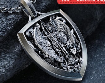 Handgemachte Erzengel St. Michael Halskette, Silber Schild Erzengel Anhänger, St. Michael Silber Herren Anhänger, religiöses Geschenk für Männer