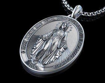 Collar de la Medalla Milagrosa hecho a mano, colgante personalizado de plata de Nuestra Señora de las Gracias, colgante de la Virgen María, regalo de plata cristiano religioso