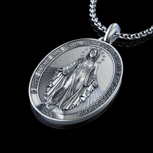 Handmade The Miraculous Medal Necklace, Personalized Silver Our Lady of Graces Pendant, Virgin Mary Pendant, Religious Christian Silver Gift image 1