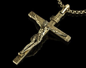 Handmade Jesus Cross Gold Necklace, Personalized Gold Crucifix Pendant, Engraved Jesus Savior Charm, 10K 14K 18K Gold, Religious Gold gift