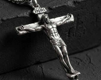 Handmade Silver Jesus Crucifix Necklace,3D Jesus Relief Cross Savior Pendant,Engraved Jesus Religious Charm,Silver Man Necklace,Gift For Men