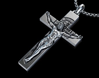 Handmade Saint Benedict Cross, Personalized Jesus Crucifix Pendant, Ascension Silver Necklace, St Benedict Medal, Religious Gift, Exorcism