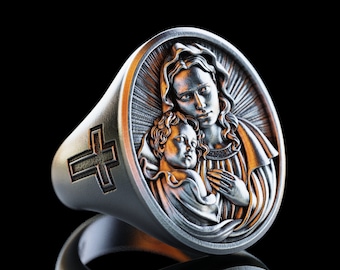 Personalized Virgin Mary and Baby Jesus Silver Ring, Handmade Silver Mary and Jesus Ring, Holy Mother with Baby Jesus Ring, Christian Gift