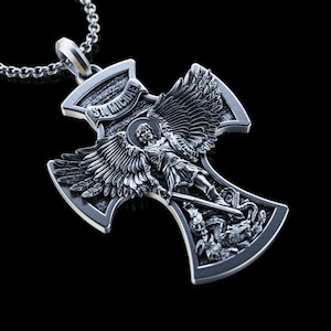 Personalized Archangel Saint Michael Cross Necklace, Silver Shield Archangel Pendant, St.Michael Silver Mens Pendant, Religious Gift for Men