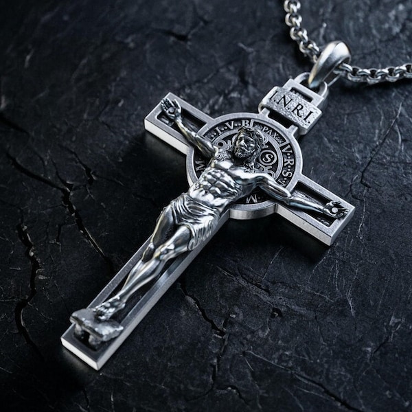 Personalized St. Benedict Crucifix Necklace, Handmade Cross Pendant, Unique Religious Gift, Exorcism Protection Medal