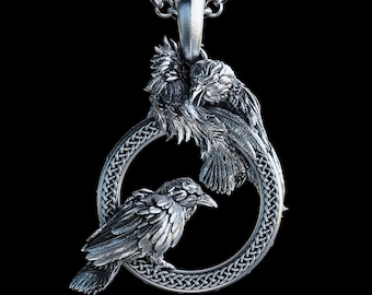 Handmade Odin&#39;s Ravens Hugin and Munin Necklace, Mythology Raven Necklace, Odin&#39;s Pendant,Norse Mythology Raven Necklace